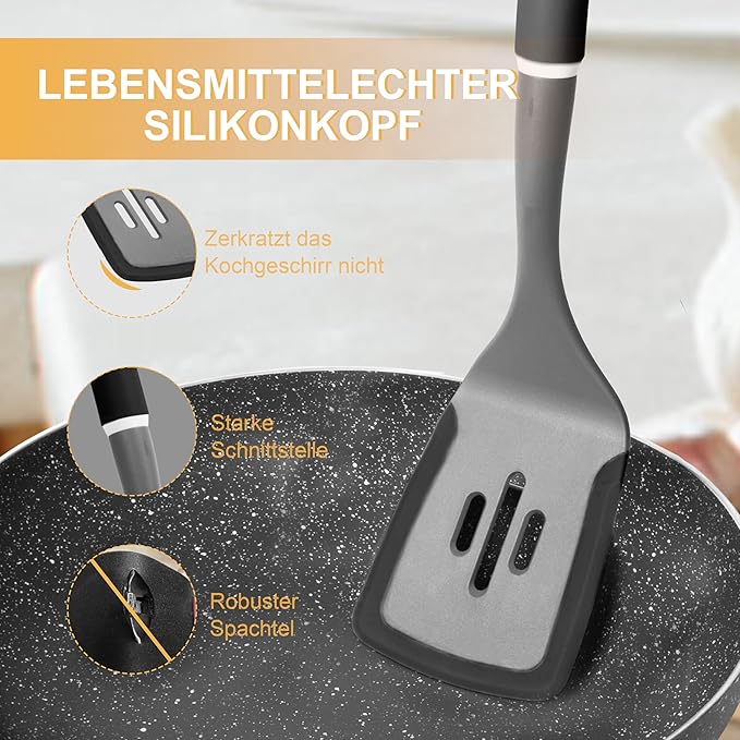 6-Piece Silicone Kitchen Utensil Set with Rotating Stand, Non-Stick, Heat-Resistant (400°F), Nylon Handle, Cooking Spatula Set for Baking & Cooking, Light Gray-Ruum Studio Home