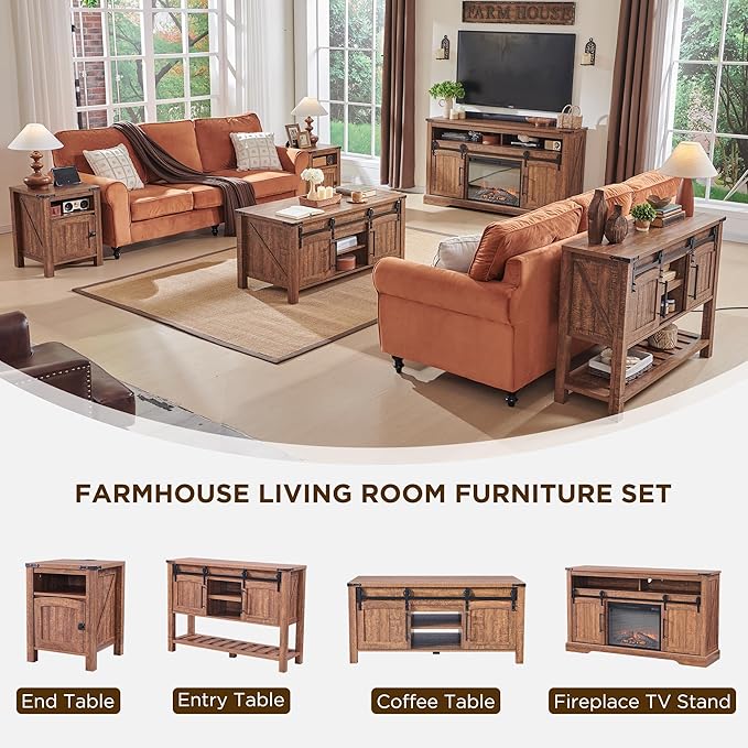 OKD Farmhouse Nightstand with Charging Station, 18" Rustic End Table with Adjustable Storage Shelf, Wood Rustic Wood Sofa Side Table for Bedroom-Ruum Studio Home