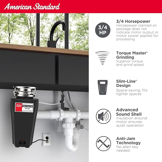 American Standard 10-US-AS-7-SL Garbage Disposal Anti-Jam Stainless Steel Food Waste Grinding System, Slim Line, 3/4 HP, Black-Ruum Studio Home