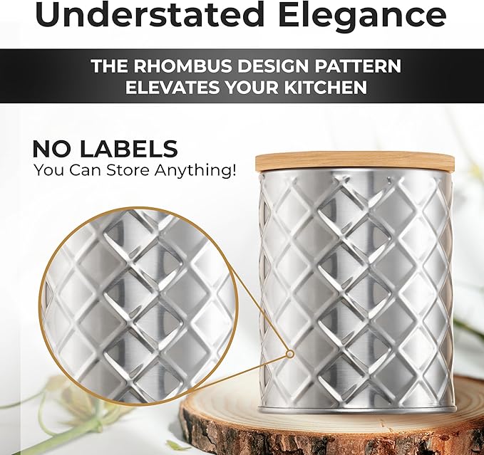 Pebble & Stem® Silver Stainless Steel Canister Set for Kitchen Counter, Food-Grade Canister Set of 4, Airtight Lids, Sugar and Flour Containers for Countertop, Coffee and Tea Storage, Farmhouse Decor-Ruum Studio Home
