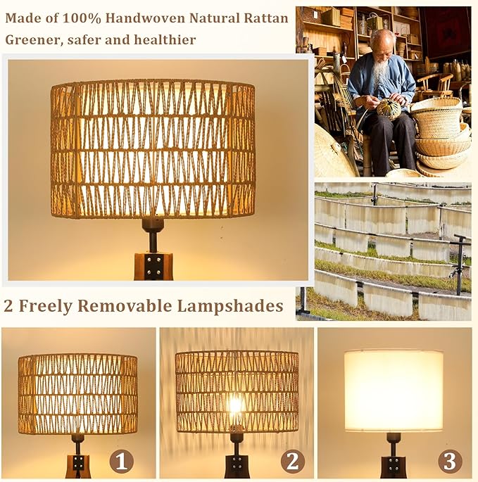 Boho Tripod Floor Lamps for Living Room, Rattan Wood Floor Lamp with Fabric Shades, Mid Century Standing Lamp with Shelf, Foot Switch, Modern Farmhouse Tall Lamps for Bedroom Office Brown-Ruum Studio Home