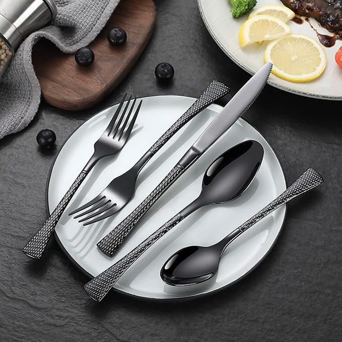 Hammered Black Silverware Set,20 Piece Modern Flatware Set Service for 4,Mirror Polished Stainless Steel Cutlery Set Utensil Set Tableware Set,Kitchen Knives Forks Spoons Set,Dishwasher Safe-Ruum Studio Home