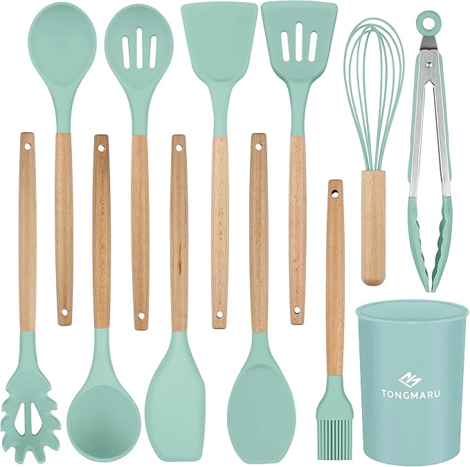 Silicone Cooking Utensils Set, Premium Beech Wood Handle Kitchen Gadgets Utensil Set, Non-Stick Kitchen Utensils Spatula, Tongs, Turner, Whisk, Brush, Spoon, BPA FREE, 446°F Resistant (Mint)-Ruum Studio Home
