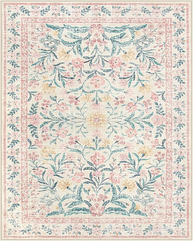 Wonnitar 8 x 10 Area Rugs for Living Room, Boho Large Washable Bedroom Rug 8x10, Soft Pink Floral Carpet Non Slip, Low Pile Indoor Carpet for Girls Room Playroom Nursery-Ruum Studio Home