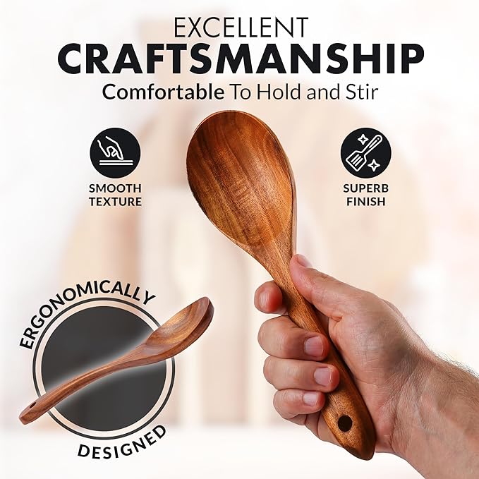 Zulay Kitchen 10-Piece Wooden Spoons for Cooking - Smooth Finish Teak Wooden Utensils for Cooking - Soft Comfort-Grip Wood Spoons for Cooking - Non-Stick Wooden Cooking Utensils - Wooden Spoon Sets-Ruum Studio Home