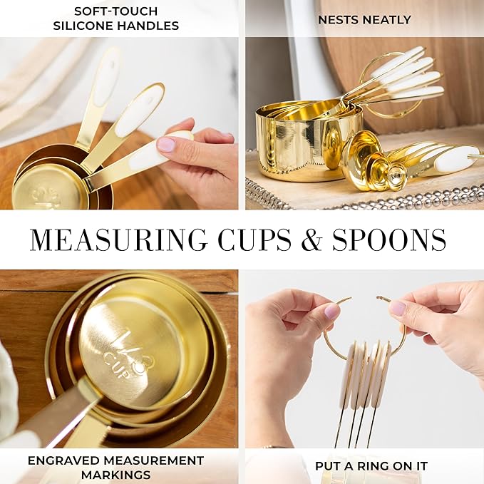 Styled Settings White and Gold Kitchen Utensils Set - 15-Piece BPA free, Non-Scratch, Utensils Set Includes White Silicone Cooking Utensils and Measuring Cups and Spoons-Ruum Studio Home
