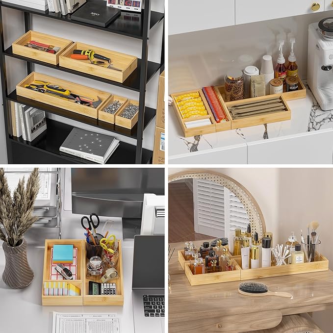 Bamboo Drawer Organizer – Set of 2 Stackable Storage Boxes, Silverware Tray & Small Gadget Holder for Kitchen Drawers, 9" x 3" x 2" (Outer), 8.3" x 2.3" x 1.77" (Inner)-Ruum Studio Home
