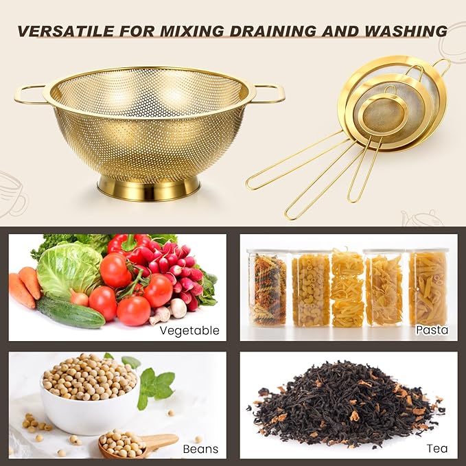 Norme 3 Quart Stainless Steel Gold Colander Gold Fine Mesh Strainer, Stainless Steel Pasta Rice Food Metal Strainer with Handles, Easy Clean and Dishwasher Safe-Ruum Studio Home