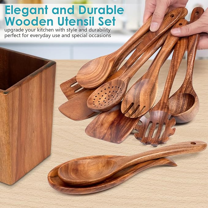 Wooden Spoons for Cooking, Acacia Wood Cooking Utensils Set – 11 Piece Wooden Kitchen Tools with Holder, Spoon Rest, Nonstick Cookware Safe by HOWHONG-Ruum Studio Home