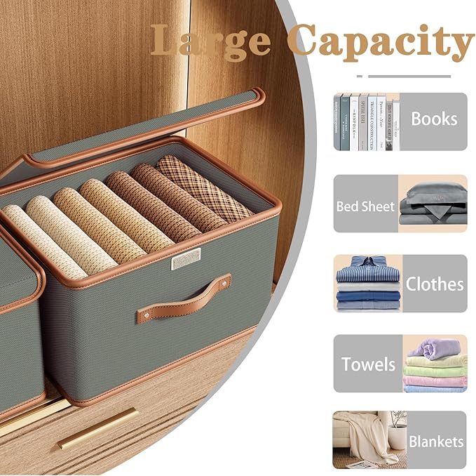 Tuza 2 Pack Storage Bins with Lids, Collapsible Closet Organizer Container, Fabric Organizer Box with Handles, Decorative Storage Boxes with Lids for Organizing Clothes, Blanket, Grey, Large-Ruum Studio Home