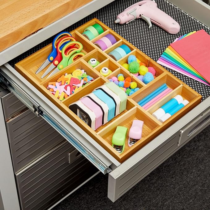 Juvale Drawer Organizer Tray - 14 x 10 x 2 In Brown Bamboo - 8 Adjustable Dividers for Custom Storage - Silverware & Utensil Organizer - Desk Drawer Divider - Versatile Wooden Divided Tray-Ruum Studio Home