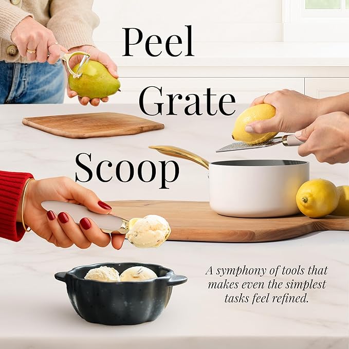 Gold and Beige Kitchen Utensils Set – 8 PC Cooking Gadgets with Mini Gold Whisk and Tongs, Pizza Cutter, Garlic Press, Cheese Grater, Peeler, Can Opener, Scoops – Stylish Beige Kitchen Accessories-Ruum Studio Home