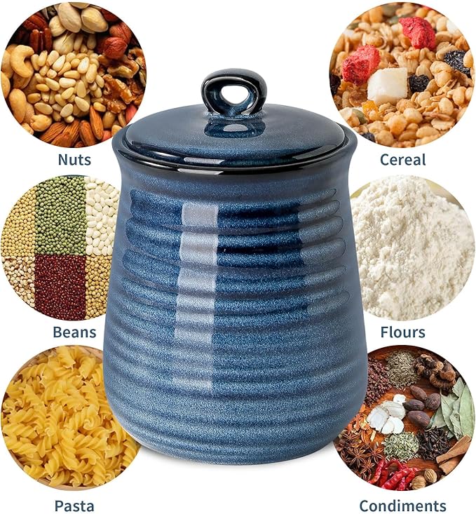 Hasense Kitchen Canisters Set with Airtight Lid for Countertop, 25 Ounce Ceramic Vintage Food Storage Jars Containers Set of 3 with Cover for Coffee, Sugar, Tea, Spice, Candy and Nut, Navy-Ruum Studio Home