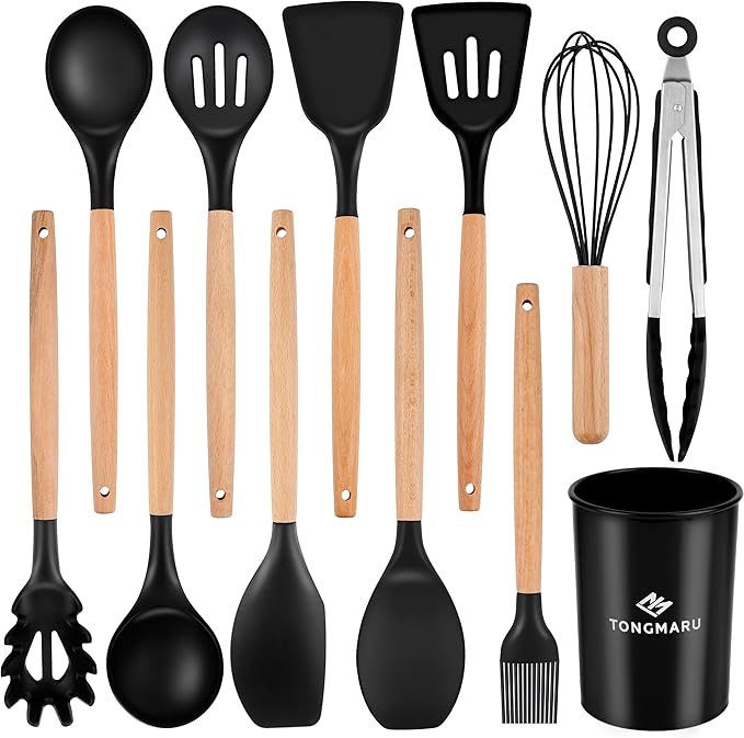 Silicone Cooking Utensils Set, Premium Beech Wood Handle Kitchen Gadgets Utensil Set, Non-Stick Kitchen Utensils Spatula, Tongs, Turner, Whisk, Brush, Spoon, BPA FREE, 446°F Resistant (Black)-Ruum Studio Home
