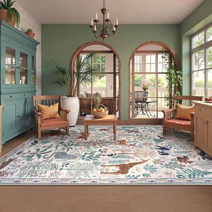 OJIA Jungle Living Room Rug 9x12 Washable Rugs for Bedroom, Ultra-Thin Modern Beige Non-Shedding Large Area Rug Playroom Rug Non-Slip Stain Resistant Accent Carpet for Kids Room Dining-Ruum Studio Home