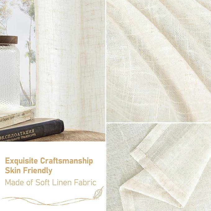 LAMIT Light Filtering Sheer Linen Curtains 84 inches Long, Linen Textured Semi Sheer Bronze Grommet Natural Boho Drapes for Living Room/Farmhouse/Bedroom, 2 Panels, Cream, 60 x 84 Inch-Ruum Studio Home