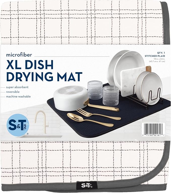 S&T INC. Dish Drying Mat XL, 18” x 24”, Absorbent Microfiber Kitchen Counter Mat, Dish Drying Pad for Dishes, Utensils, Pots and Pans, Extra Large, Stitched Plaid-Ruum Studio Home