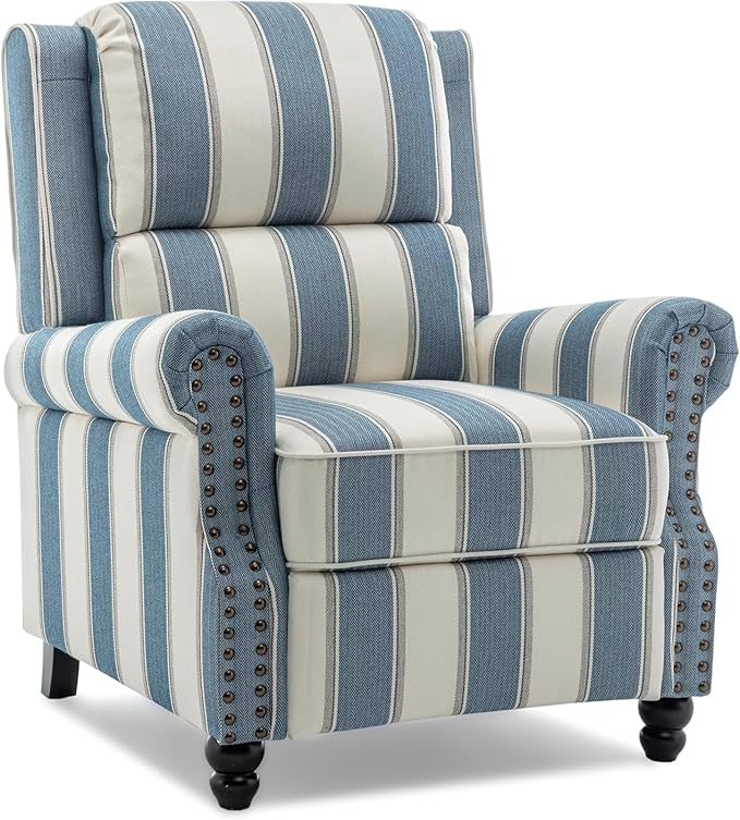 UIXE Pushback Recliner Chair Push Back Accent Chair, Fabric Overstuffed Armchair for Living Room, Rivet Trim Club Chair Home Theater Single Sofa Bedroom Reading Seat - Stripe Navy-Ruum Studio Home