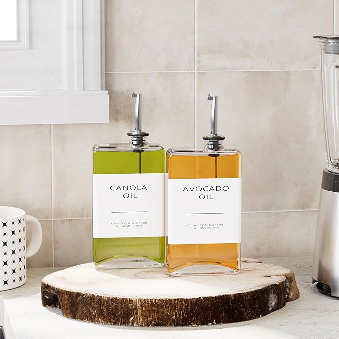 New England Stories Kitchen Cooking Oil Dispenser Set, Olive Oil and Vinegar Bottles, Soy Sauce Dispenser - 2 Pieces, Silver, Durable & Stylish Design-Ruum Studio Home
