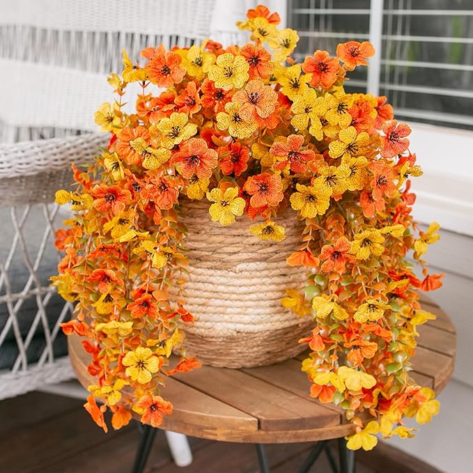INSPRING Artificial Fall Flowers for Outdoors Decoration, 2Pcs Fake Fall Light Orange & Yellow Hanging Flowers, Faux Autumn Decor for Porch Patio Balcony Planter, Realistic Arrangement-Ruum Studio Home
