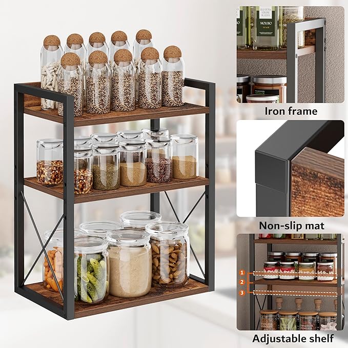 3-Tier Kitchen Spice Rack Organizer for Countertop, Coffee Counter Shelf, Mug Shelf, Bathroom Counter Organizer, Makeup Organizer, Rustic Brown and Black-Ruum Studio Home