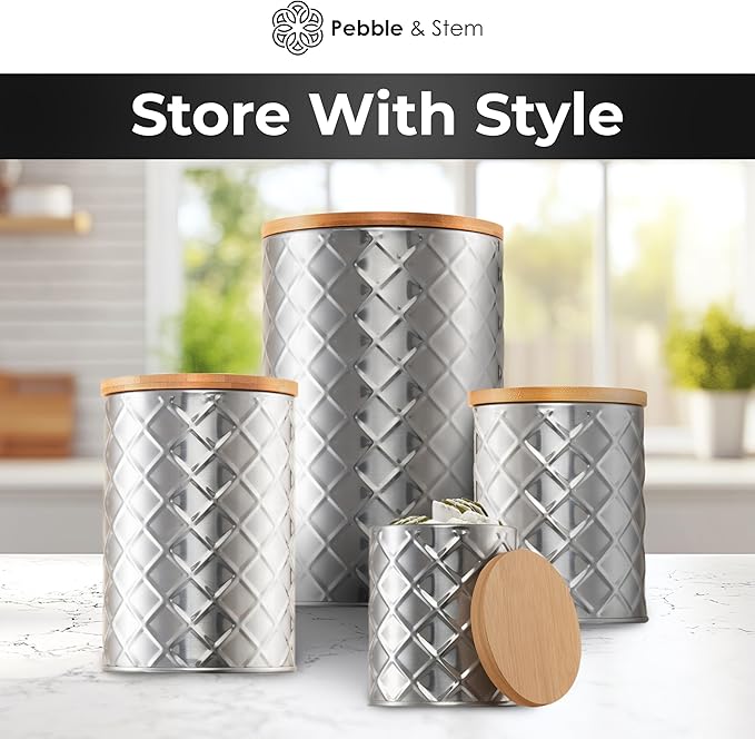 Pebble & Stem® Silver Stainless Steel Canister Set for Kitchen Counter, Food-Grade Canister Set of 4, Airtight Lids, Sugar and Flour Containers for Countertop, Coffee and Tea Storage, Farmhouse Decor-Ruum Studio Home