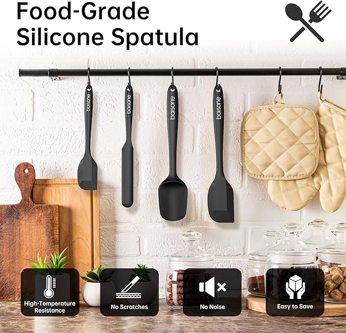 Barsone 4-Piece Silicone Spatula Set( Heat Resistant 446°F Food Grade BPA Free, Nonstick Cookware Safe Dishwasher Safe Kitchen Tools for Baking, Cooking, Stirring, Black)-Ruum Studio Home