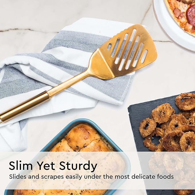 Gold Cooking Utensils Set – 5-Piece Stainless Steel Kitchen Tools for Modern Cooking and Serving – Dishwasher Safe Ladle, Spoon, Spatula, Pasta Fork, Luxury Brass Kitchen Accessories for Home Chefs-Ruum Studio Home