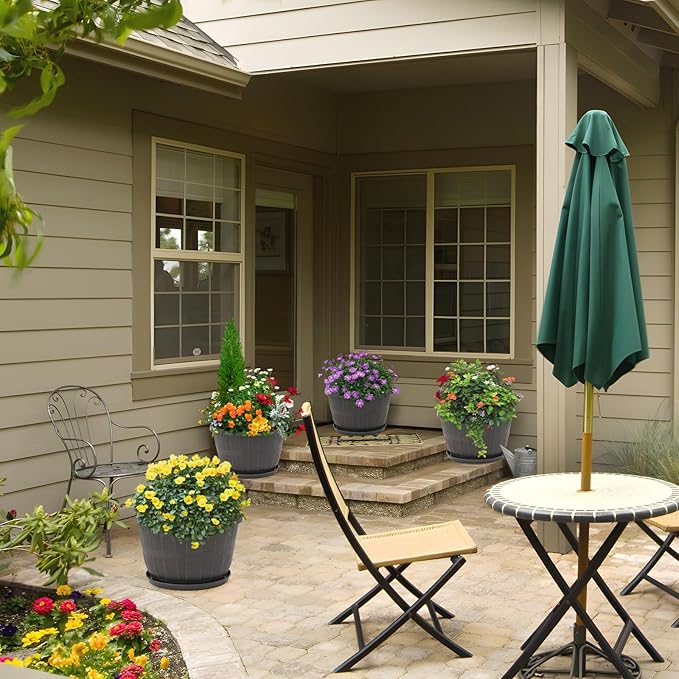 Quarut 12 Inch Large Planter Pot for Plants Indoor Outdoor, 4 Pack Plastic Flower Pots with Drainage Hole & Tray, Modern Decorative Garden Pot with Saucer, Plant Container for House(Brown)-Ruum Studio Home