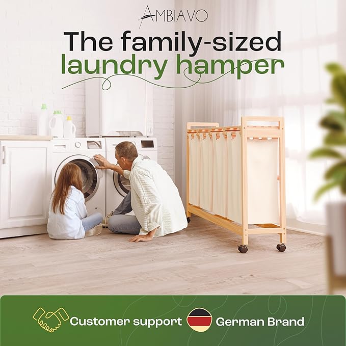 Laundry Sorter with 4 Sections beige, Hamper with Removable Cotton Bags & Wheels โ Perfect Laundry Organizer - Eco-Friendly Rolling Laundry Basket โ Durable Bamboo and Stylish Design-Ruum Studio Home