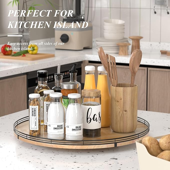 24" Lazy Susan Oak Wood Turntable Organizer for Cabinet, Farmhouse Round Wooden Large Lazy Susan Organization and Storage for Dining Table, Pantry, Kitchen, Countertop, Cupboard, Home Decor-Ruum Studio Home