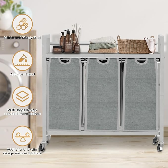 Laundry Hamper, Laundry Basket, Laundry Sorter with 3 Removable Bags, Clothes Basket with 3 Compartments, Wheels, Shelf for Laundry Room Bathroom Bedroom (3 Bags-Gray)-Ruum Studio Home