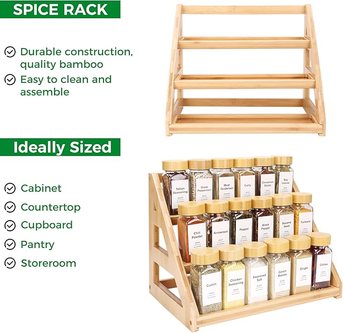 3-Tier Natural Bamboo Spice Rack Organizer - for Kitchen Cabinets, Countertops & Pantries - Space-Saving Tiered Shelf-Ruum Studio Home