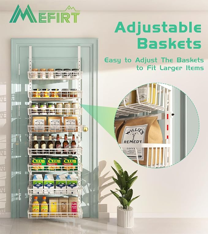 Over The Door Pantry Organizer, Wall Mount Spice Rack, Pantry Hanging Storage and Organization, 8 Adjustable Baskets Heavy-Duty Metal for Home & Kitchen, Back of Door Seasoning Rack - White-Ruum Studio Home