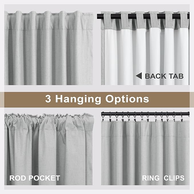 Light Gray Blackout Linen Curtains 108 Inches Long 2 Panel for Sliding Glass Door Puddle Length Floor to Ceiling Drape Lightweight Thermal Black Out Curtain for Bedroom Living Room Heather Grey Silver