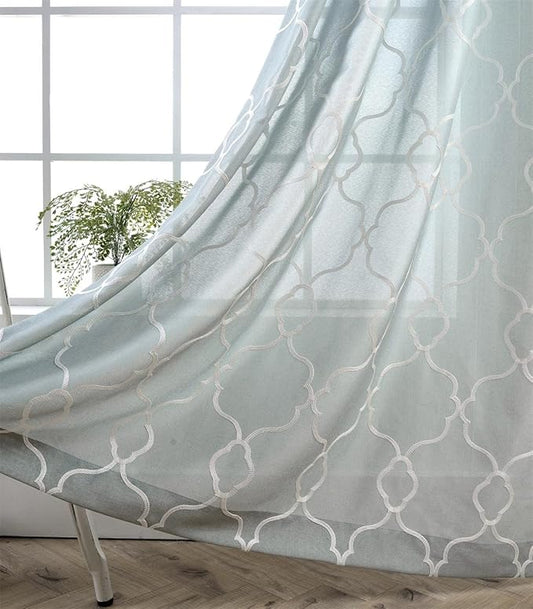 MIUCO Moroccan Embroidered Semi-Sheer Curtains Faux Linen Grommet Window Panel Pair for Nursery 52 x 63 Inch, Sea Foam-Ruum Studio Home