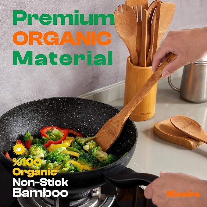 Riveira Dark Bamboo Wooden Spoons for Cooking 6-Piece, Apartment Essentials Wood Spatula Spoon Nonstick Kitchen Utensil Set Premium Quality Housewarming Gifts for Everyday Use-Ruum Studio Home