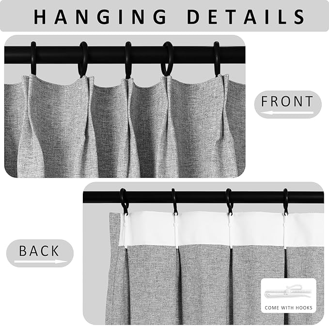 Macochico 100”Wx96”L Pinch Pleated 100% Blackout Linen Curtains Thermal Sliding Curtains for Bedroom Living Room Sliding Glass Door Farmhouse Shabby Chic Light Grey Drapery with Tieback 1 Panel