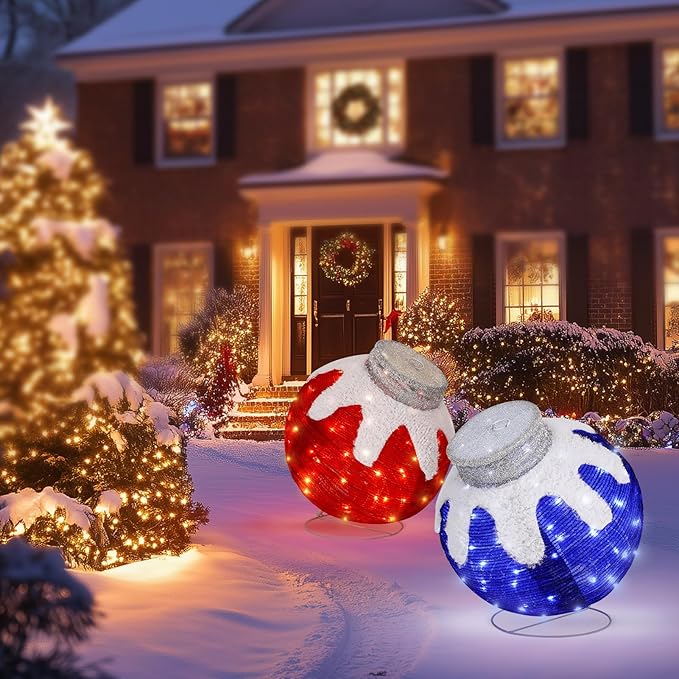 BRIGHTDECK 2 Pcs Outdoor Christmas Ornaments, Lighted Pop-Up Outdoor Holiday Ball Decoration with 80 LED Lights, 8 Light Modes, Lighted Collapsible Holiday Decorations for Yard, Home (RedBlue)-Ruum Studio Home