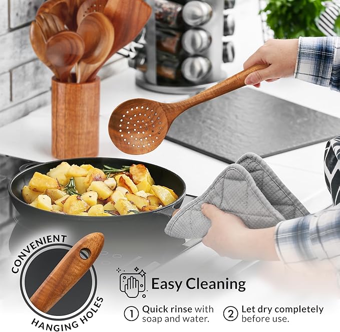 Zulay Kitchen 10-Piece Wooden Spoons for Cooking - Smooth Finish Teak Wooden Utensils for Cooking - Soft Comfort-Grip Wood Spoons for Cooking - Non-Stick Wooden Cooking Utensils - Wooden Spoon Sets-Ruum Studio Home