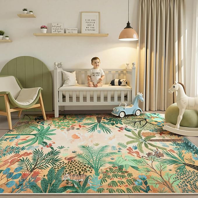 LIVEBOX Boho 8x10 Area Rugs for Living Room, Washable Soft Jungle Animal Print Rug for Bedroom, Farmhouse Non Slip Rug Floor Carpet, Forest Dining Room Rugs for Under Table-Ruum Studio Home