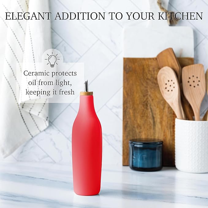 kitchentoolz Olive Oil Stoneware Dispenser Bottle, Ceramic 16 Oz Container for EVOO or Vinegar Kitchen Counter, Red-Ruum Studio Home