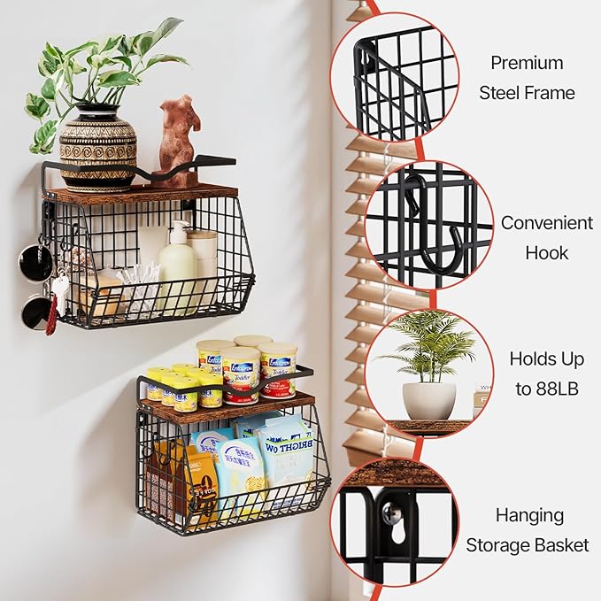 2 Pack Fruit Bowl Hanging Fruit Basket for Kitchen Counter ,Stackable Wire Baskets for Onion Storage and Potato Storage with Wood Lid,Vegetable Fruit Basket with Banana Hooks-Ruum Studio Home