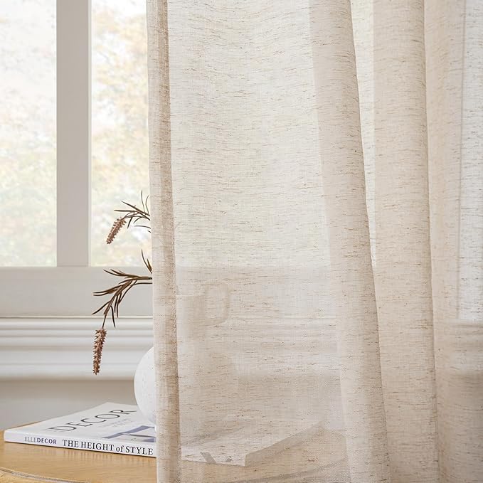 FMFUNCTEX Linen Sheer Curtains for Bedroom, Taupe Curtains 63 Inch Length for Living Room, Brown Farmhouse French Flax Blend Window Draperies, Rod Pocket 2 Panels Set-Ruum Studio Home