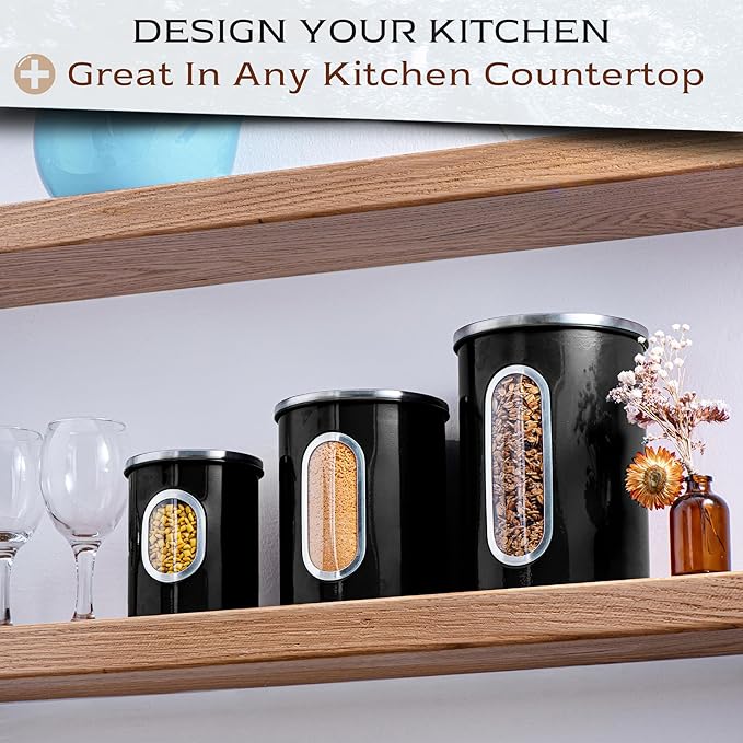 Moss & Stone 3-Piece Black Canisters Sets For The Kitchen, Airtight Canister Set With See Through Window, Storage Jars for Coffee Container, Tea Organizer & Sugar Canister, Black Kitchen Canisters-Ruum Studio Home
