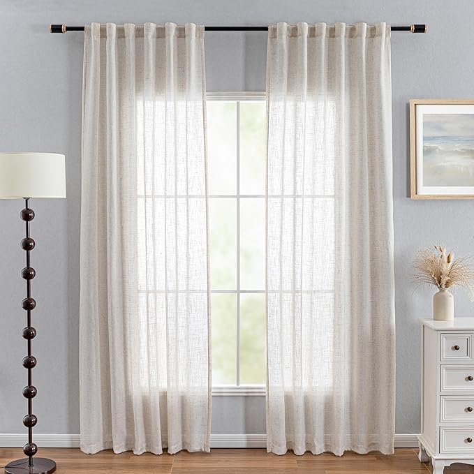 MYSKY HOME Linen Curtains for Living Room, Natural Semi Sheer Curtains & Drapes Light Filtering Farmhouse Country Boho Style Back Tab Draperies for Sliding Glass Door (Customsize, Linen)-Ruum Studio Home