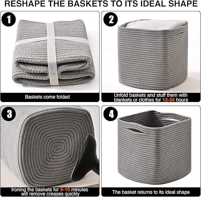11 Inch Cube Storage Bins, Storage Cube Organizer Bins, Woven Cotton Rope Basket for Storage, Storage Baskets for Organizing Shelves, Grey Baskets for Toys Nursery, Grey (Pack of 3)-Ruum Studio Home