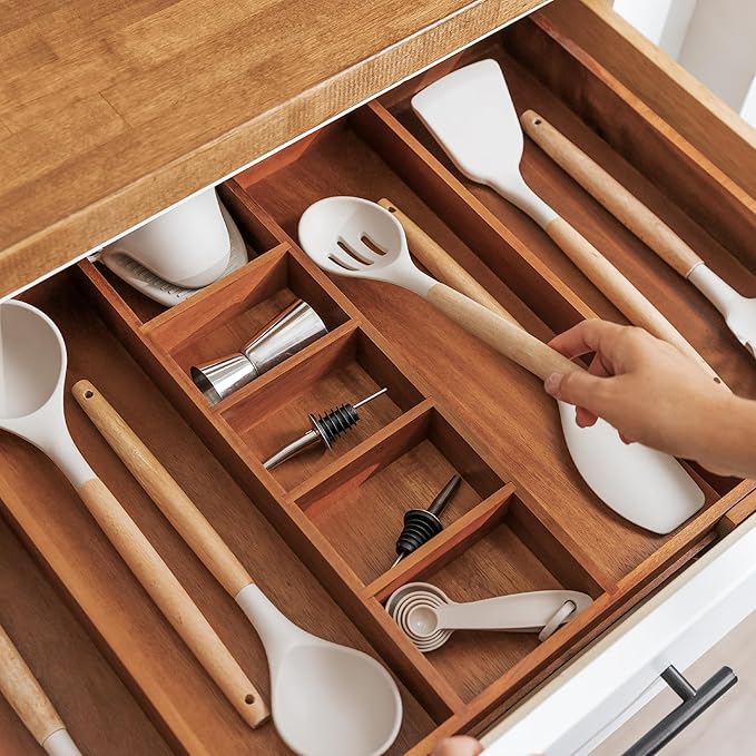 Adjustable Kitchen Drawer Organizer for Utensils and Junk, Food-Safe Contract Grade with 100% Sustainable Wood, Non-Slip, Expandable from 16" to 28" Wide - Natural Acacia-Ruum Studio Home