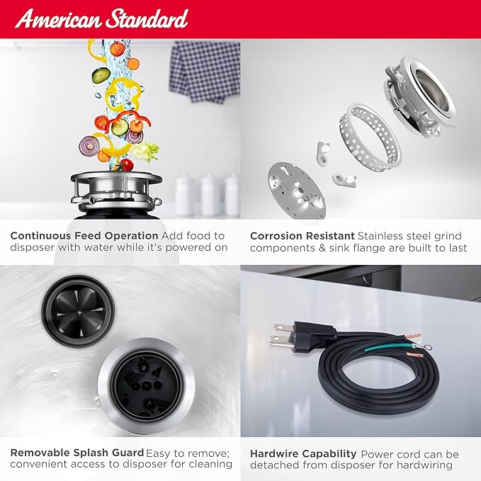 American Standard 10-US-AS-7 Garbage Disposal Anti-Jam Stainless Steel Food Waste Grinding System, Heavy Duty, 3/4 HP, Black-Ruum Studio Home