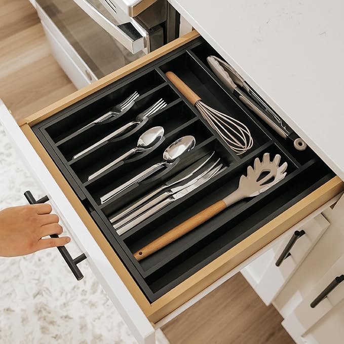 Premium Silverware, Flatware and Utensil Organizer for Kitchen Drawers, Food-Safe Contract Grade, Expandable from 14.5 to 25 In, Black Bamboo-Ruum Studio Home